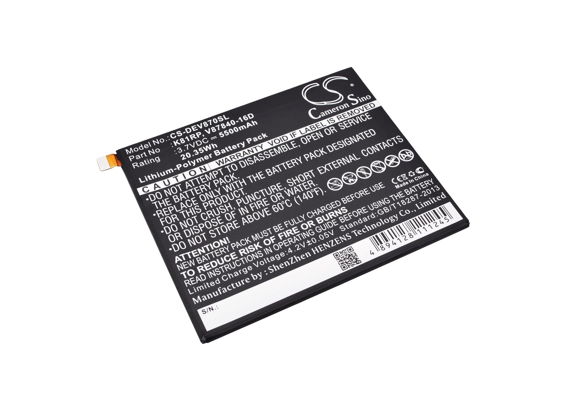 3.7V 5500mAh/20.35Wh Li-Polymer Tablet Battery for DELL