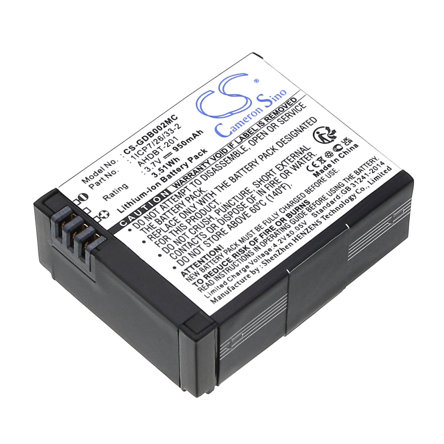3.7V 950mAh/3.52Wh Li-ion Camera Battery for GoPro