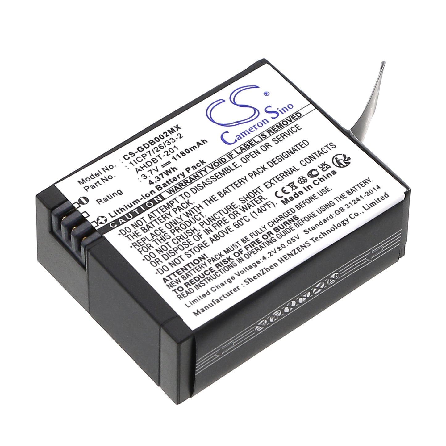 3.7V 1180mAh/4.37Wh Li-ion Camera Battery for GoPro