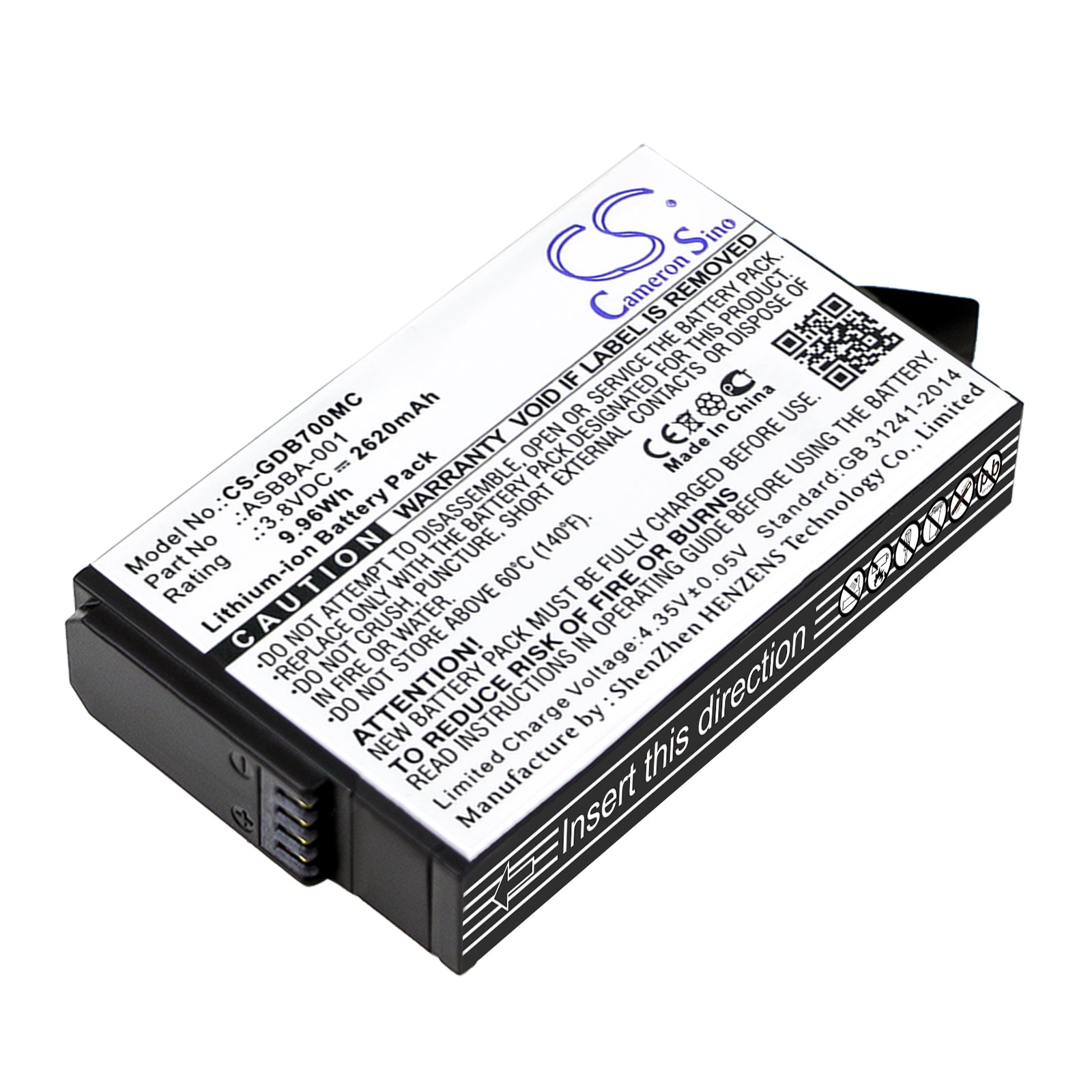 3.8V 2620mAh/9.96Wh Li-ion Camera Battery for GoPro