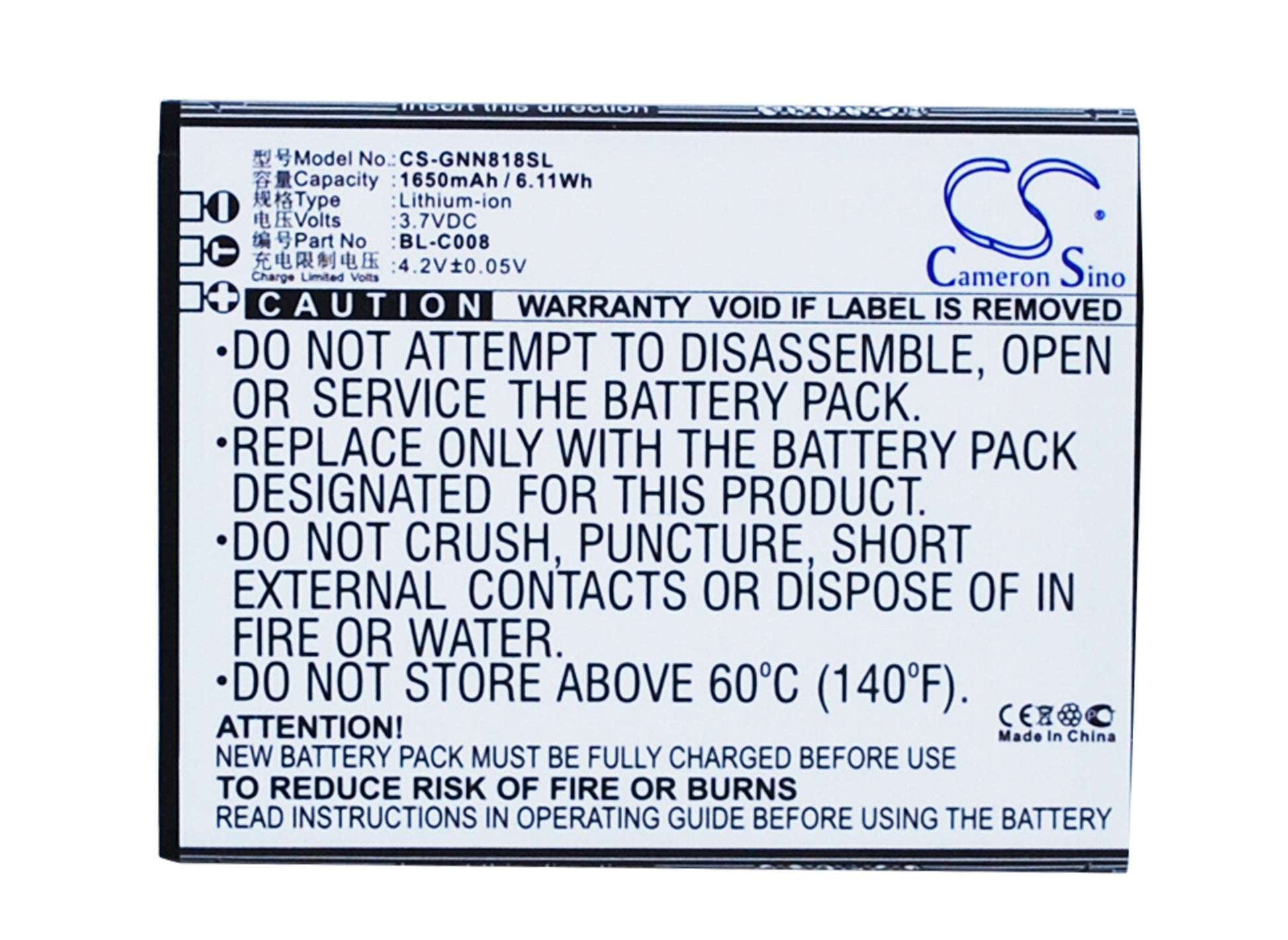 3.7V 1650mAh/6.11Wh Li-ion Mobile/SmartPhone Battery for GIONEE
