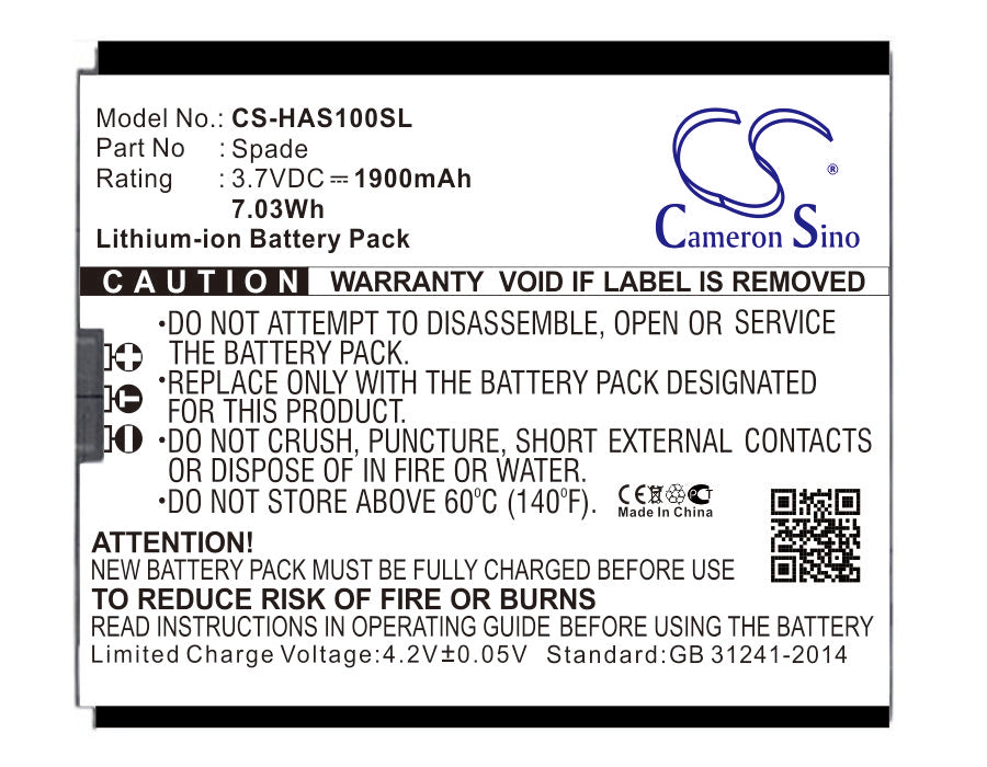 CS-HAS100SL Replacement Battery – Li-ion 3.7 1900mAh / 7.03Wh