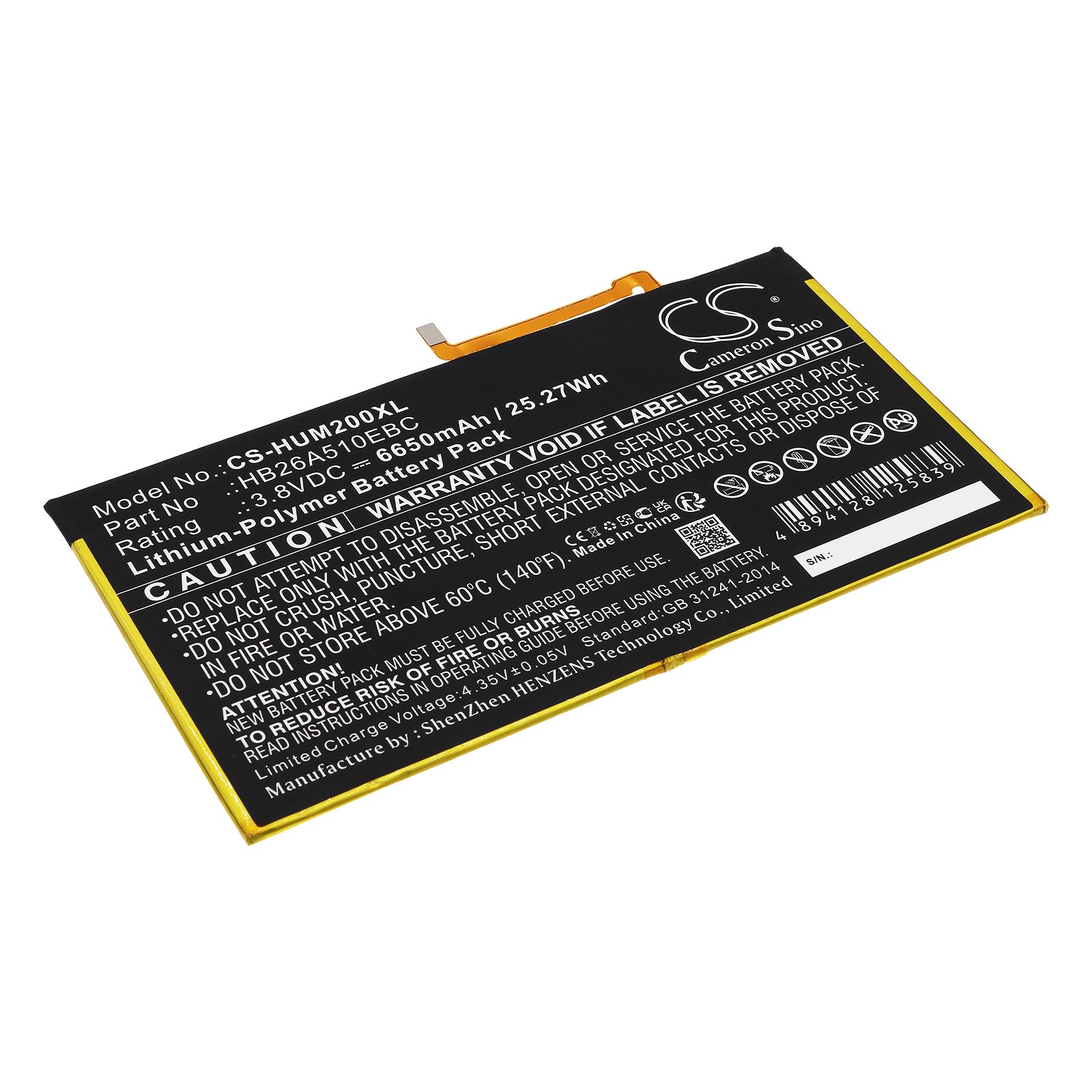 3.8V 6650mAh/25.27Wh Li-Polymer Tablet Battery for Huawei