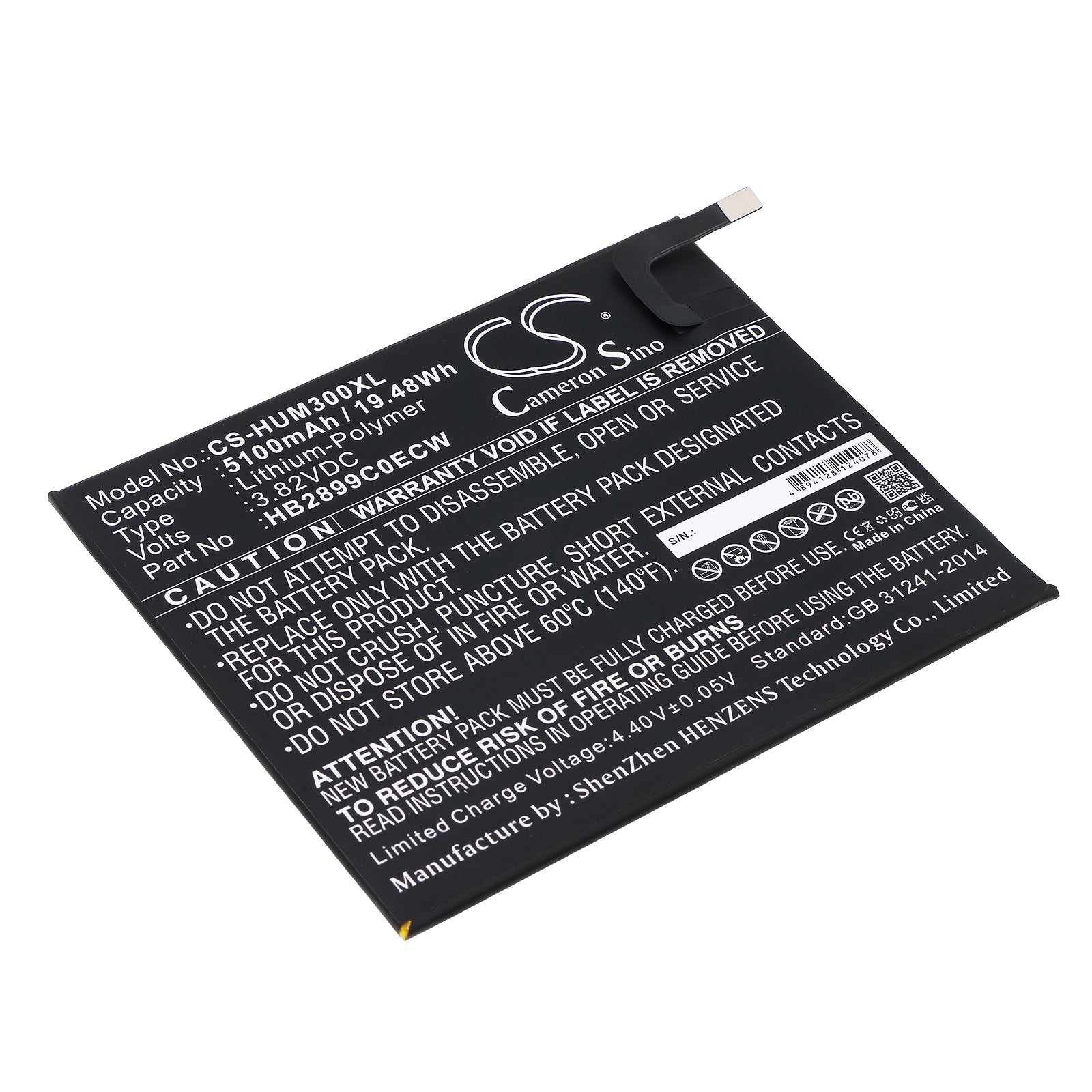 3.82V 5100mAh/19.48Wh Li-Polymer Tablet Battery for Huawei