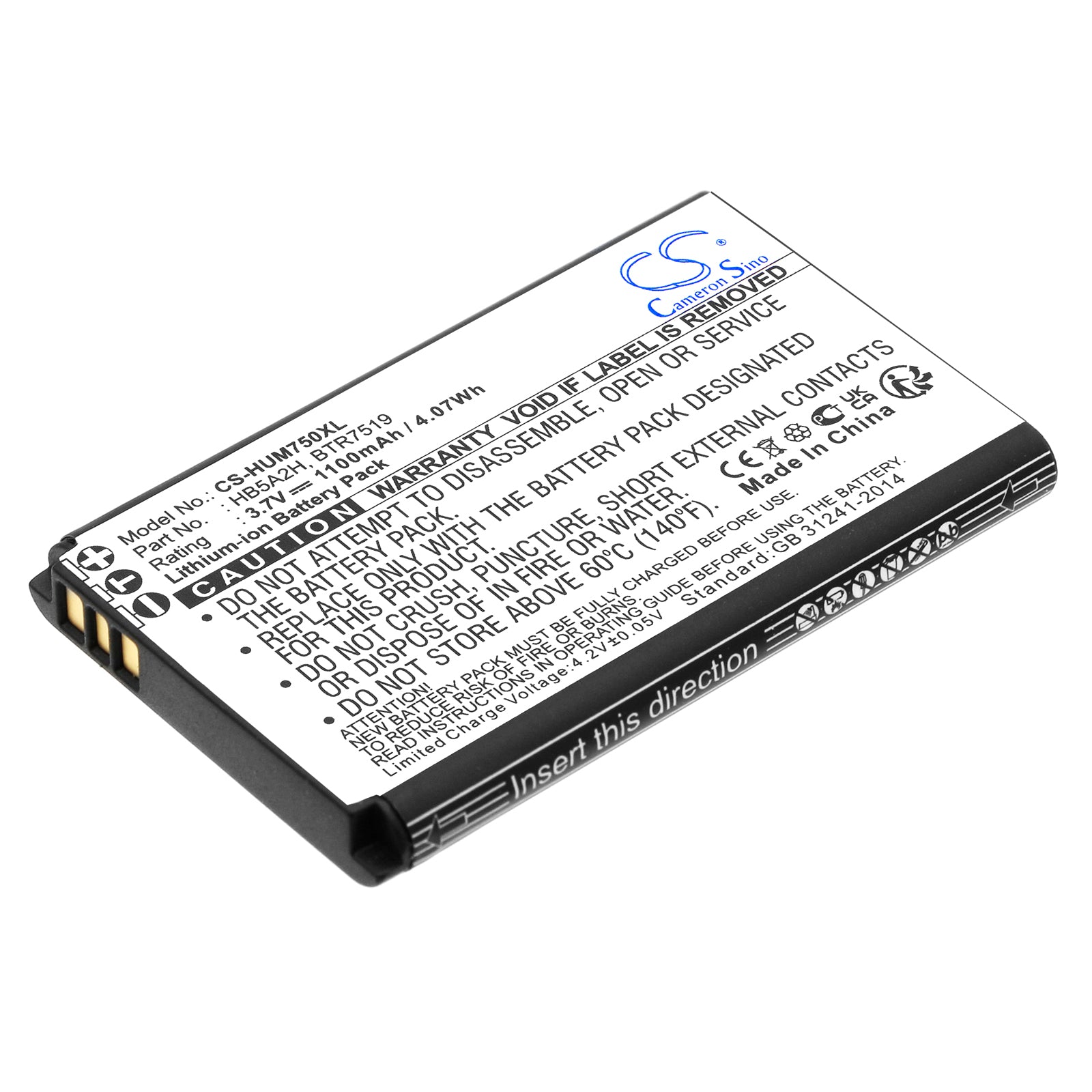 3.7VV 1100mAh/4.07Wh Li-ion Mobile/SmartPhone Battery for 4894128041580, Sino-HK, Sino-US