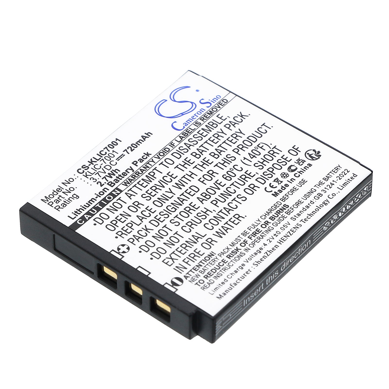 3.7V 720mAh/2.7Wh Li-ion Camera Battery for DXG
