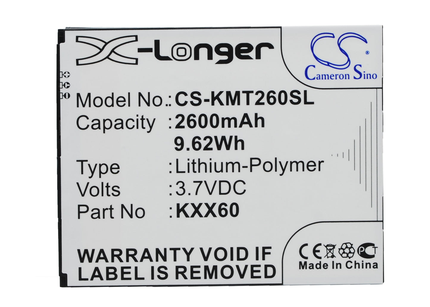 3.7V 2600mAh/9.62Wh Li-Polymer Mobile/SmartPhone Battery for KAZAM
