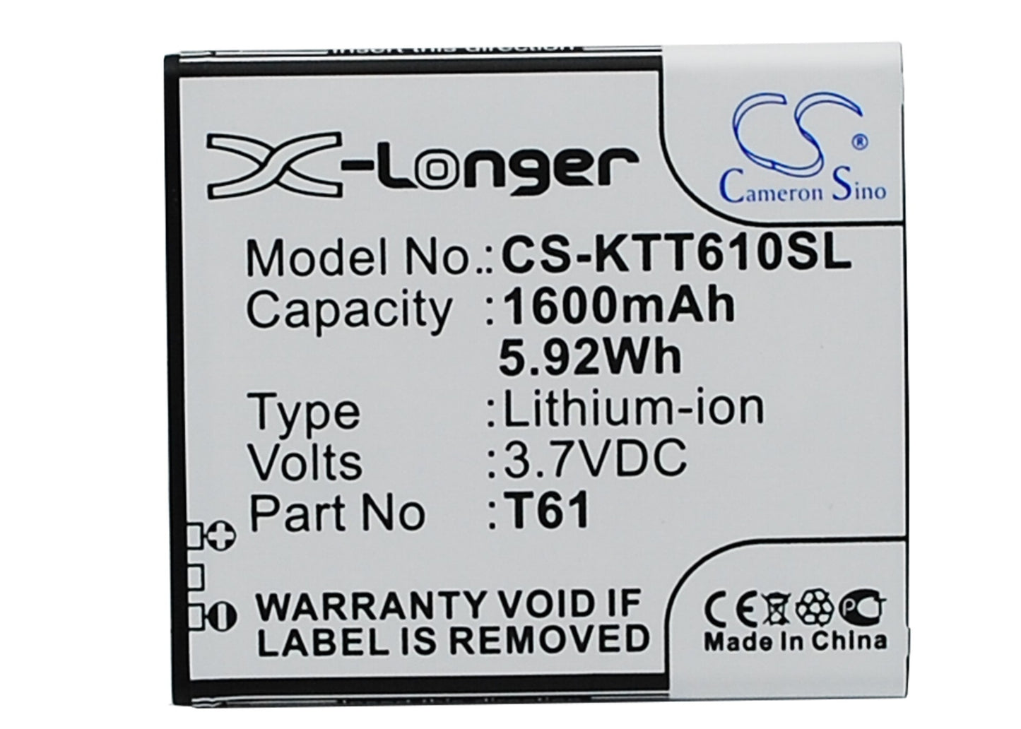 3.7V 1600mAh/5.92Wh Li-ion Mobile/SmartPhone Battery for K-Touch