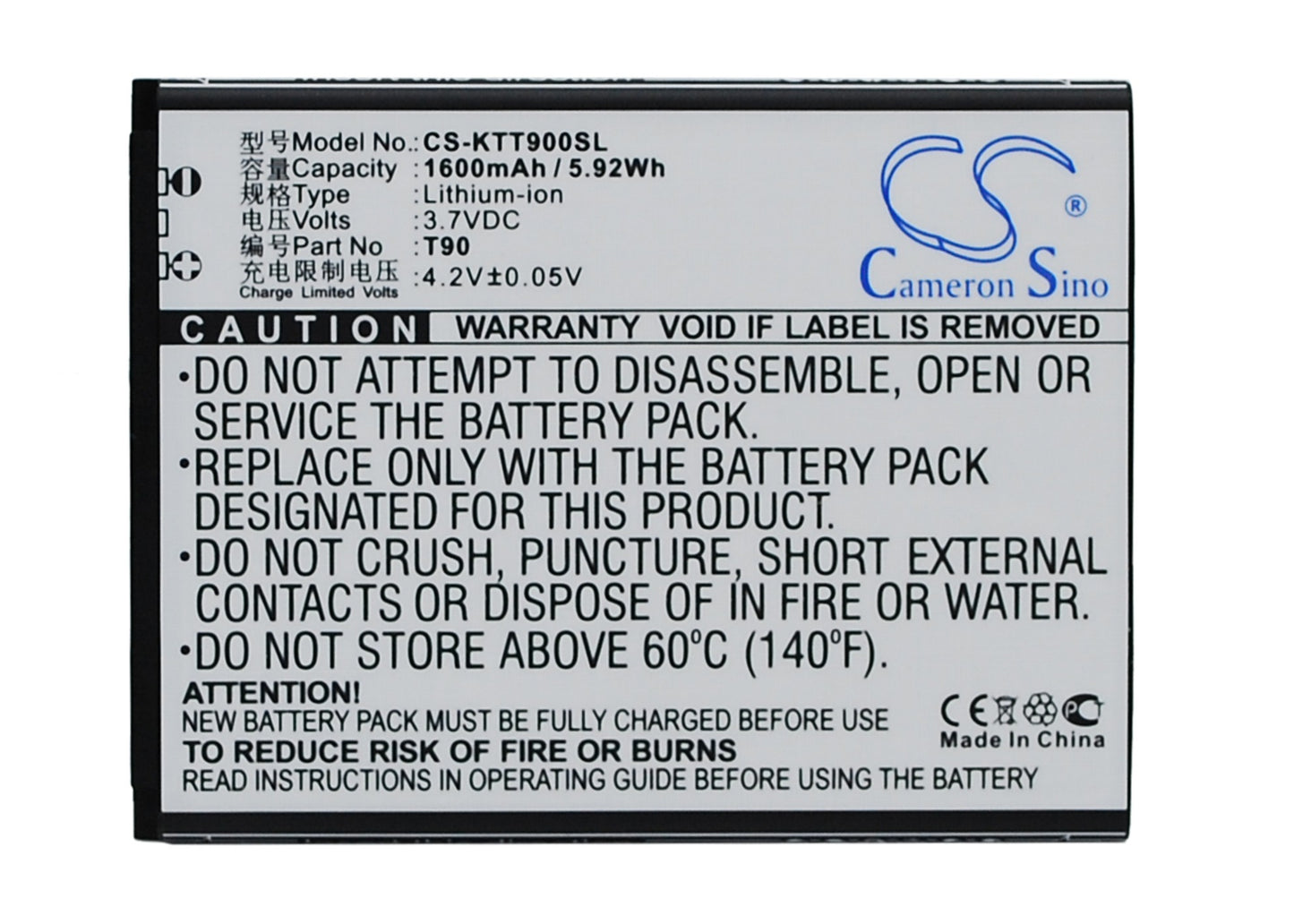 3.7V 1600mAh/5.92Wh Li-ion Mobile/SmartPhone Battery for K-Touch