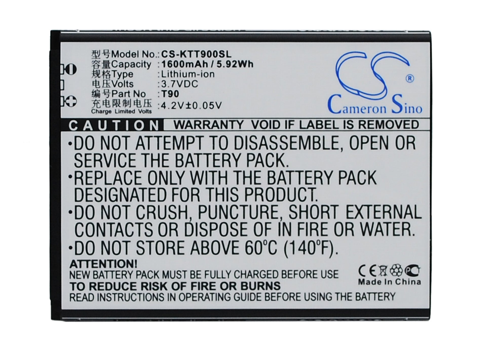 3.7V 1600mAh/5.92Wh Li-ion Mobile/SmartPhone Battery for K-Touch