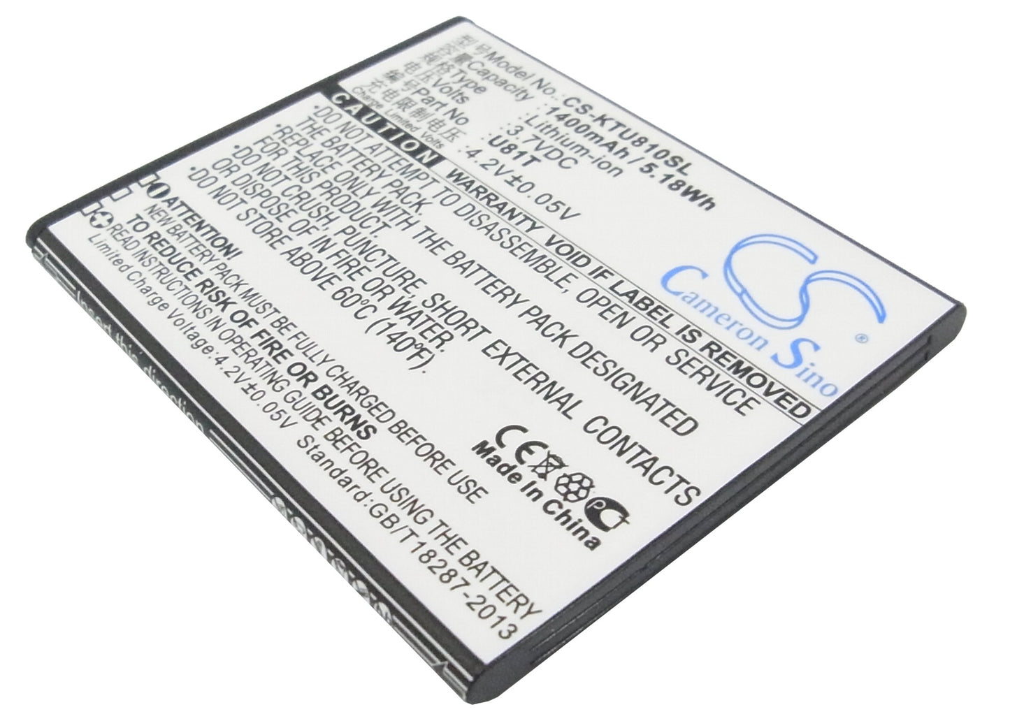 3.7V 1400mAh/5.18Wh Li-ion Mobile/SmartPhone Battery for K-Touch