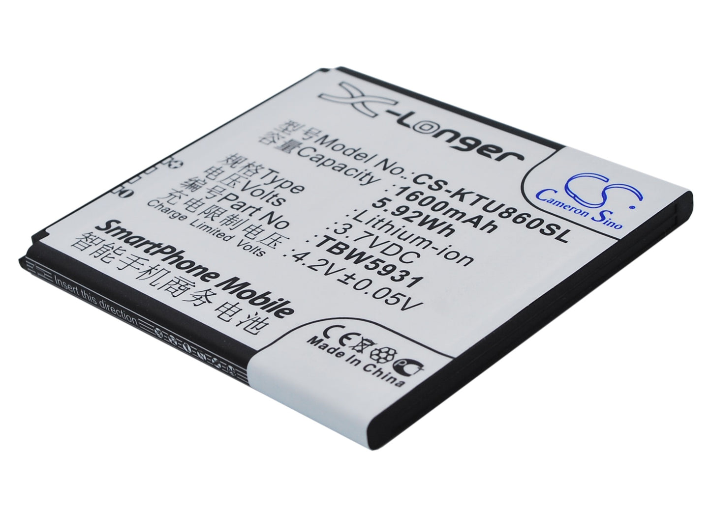 3.7V 1600mAh/5.92Wh Li-ion Mobile/SmartPhone Battery for K-Touch