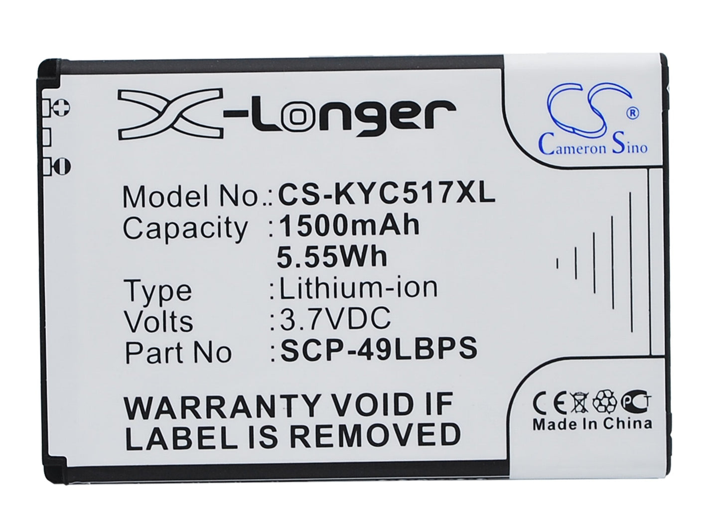 3.7V 1500mAh/5.55Wh Li-ion Mobile/SmartPhone Battery for Kyocera