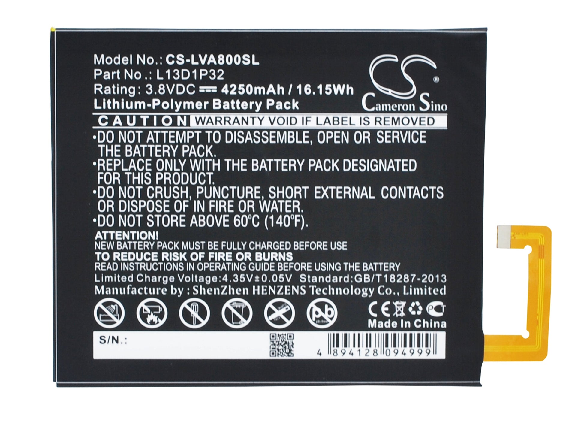 3.8V 4250mAh/16.15Wh Li-Polymer Tablet Battery for Lenovo