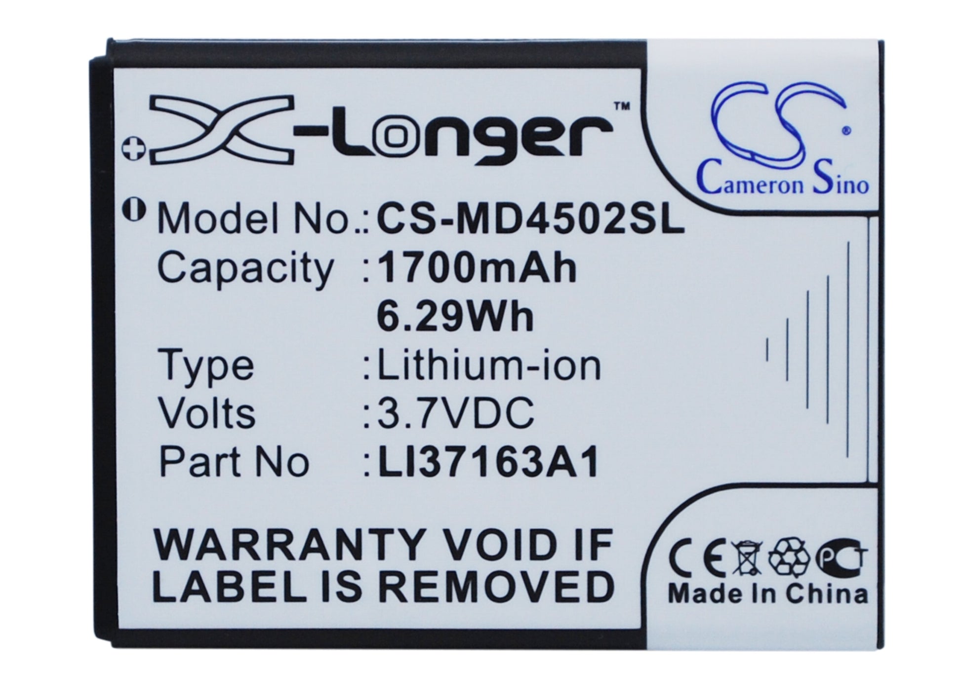 3.7V 1700mAh/6.29Wh Li-ion Mobile/SmartPhone Battery for MEDION