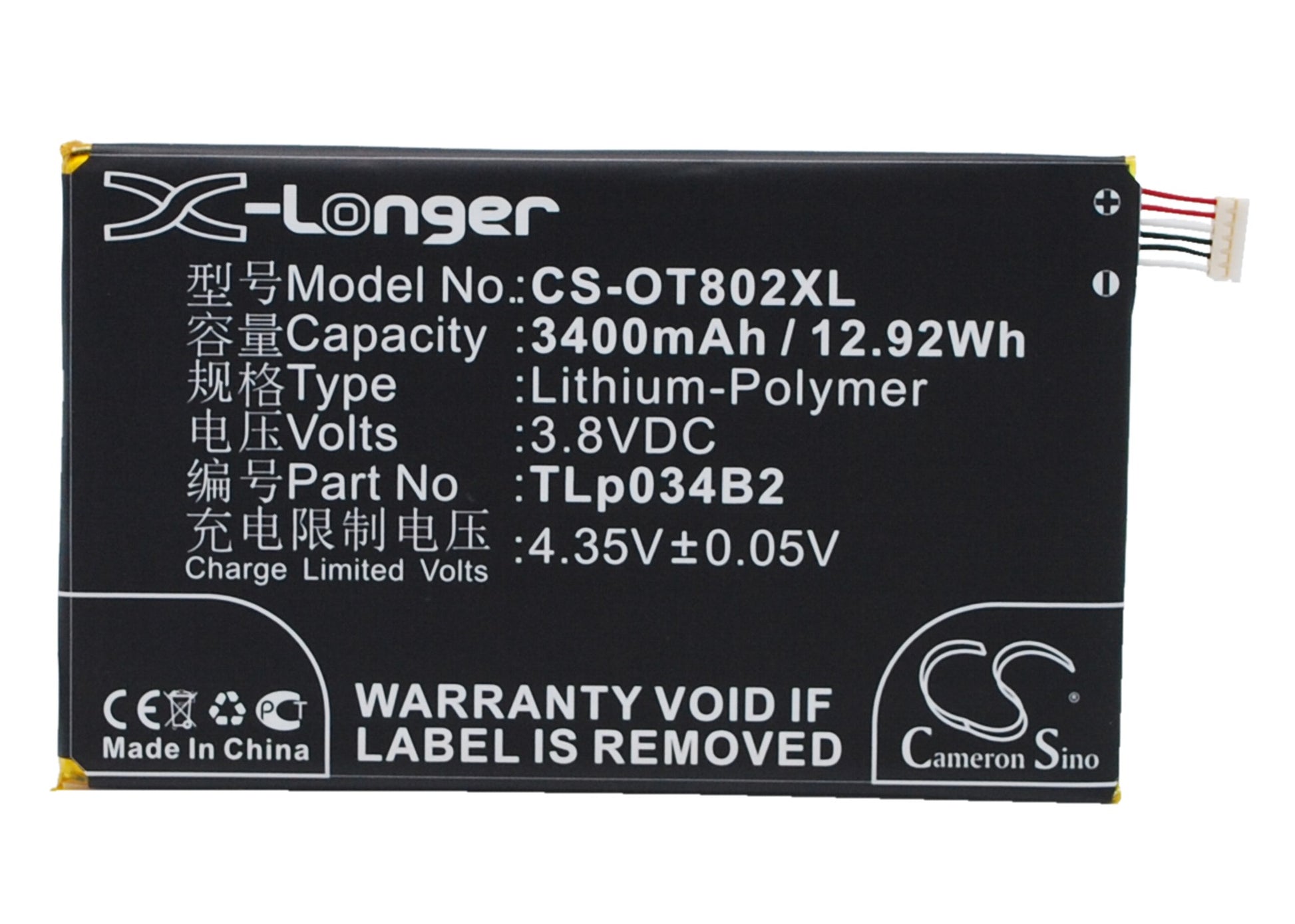 3.8V 3400mAh/12.92Wh Li-Polymer Mobile/SmartPhone Battery for Alcatel