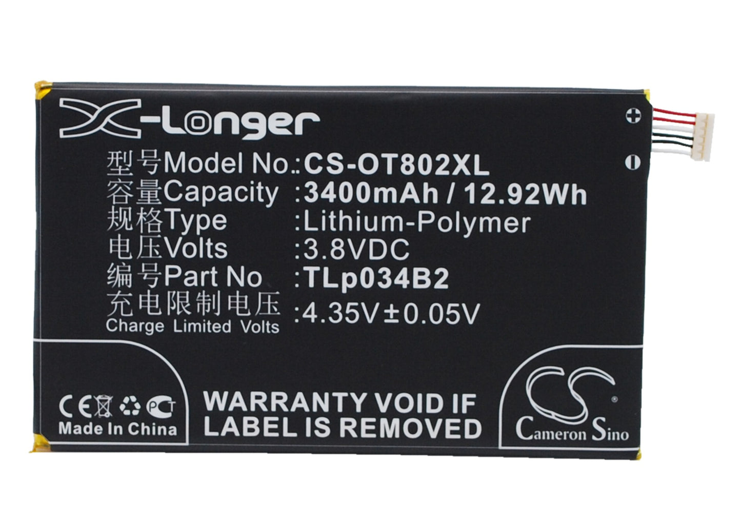 3.8V 3400mAh/12.92Wh Li-Polymer Mobile/SmartPhone Battery for TCL