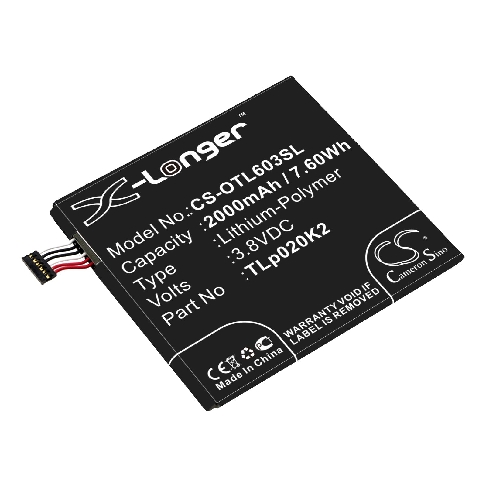 3.8V 2000mAh/7.60Wh Li-Polymer Mobile/SmartPhone Battery for Alcatel
