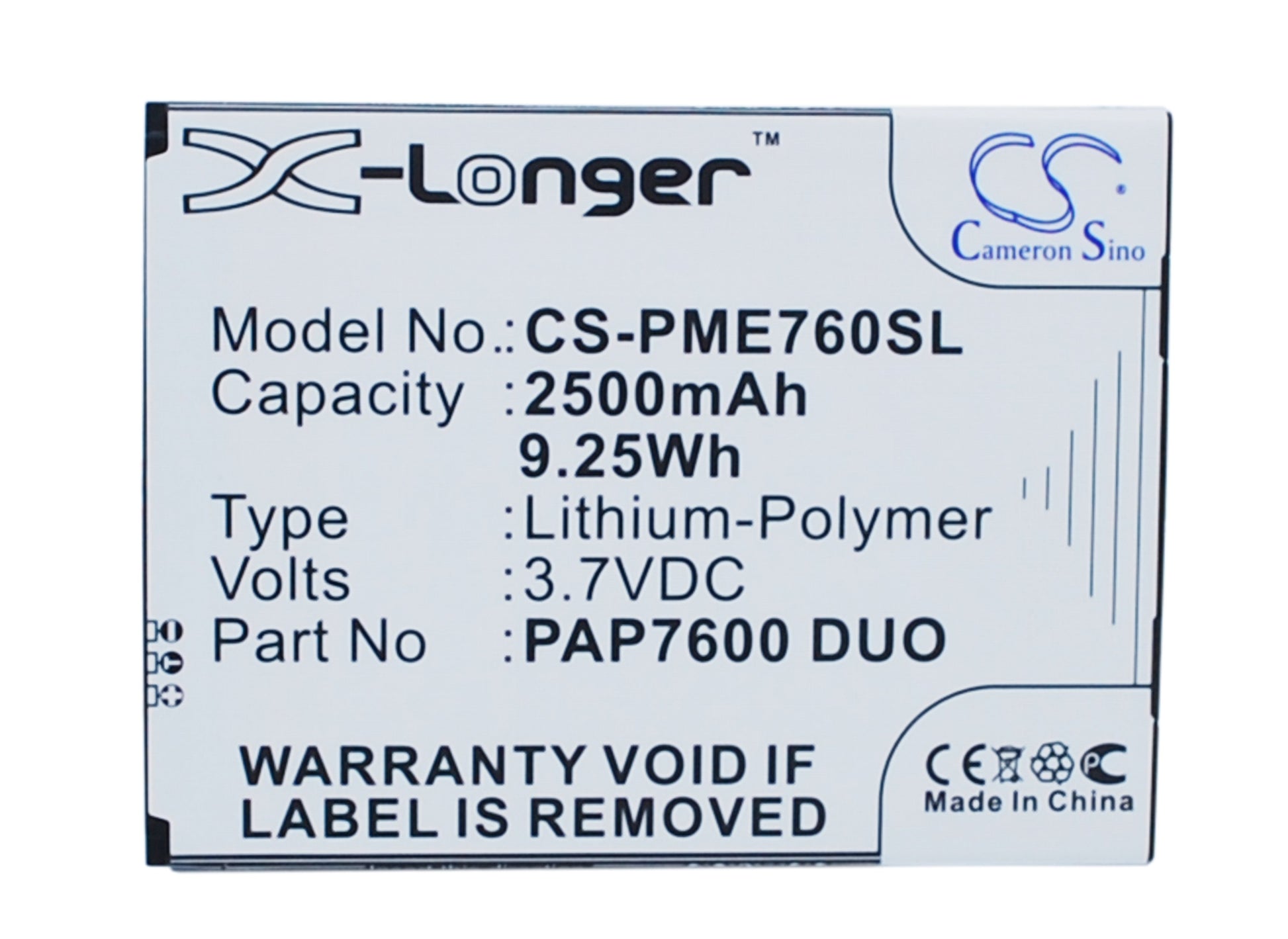 3.7V 2500mAh/9.25Wh Li-Polymer Mobile/SmartPhone Battery for Prestigio