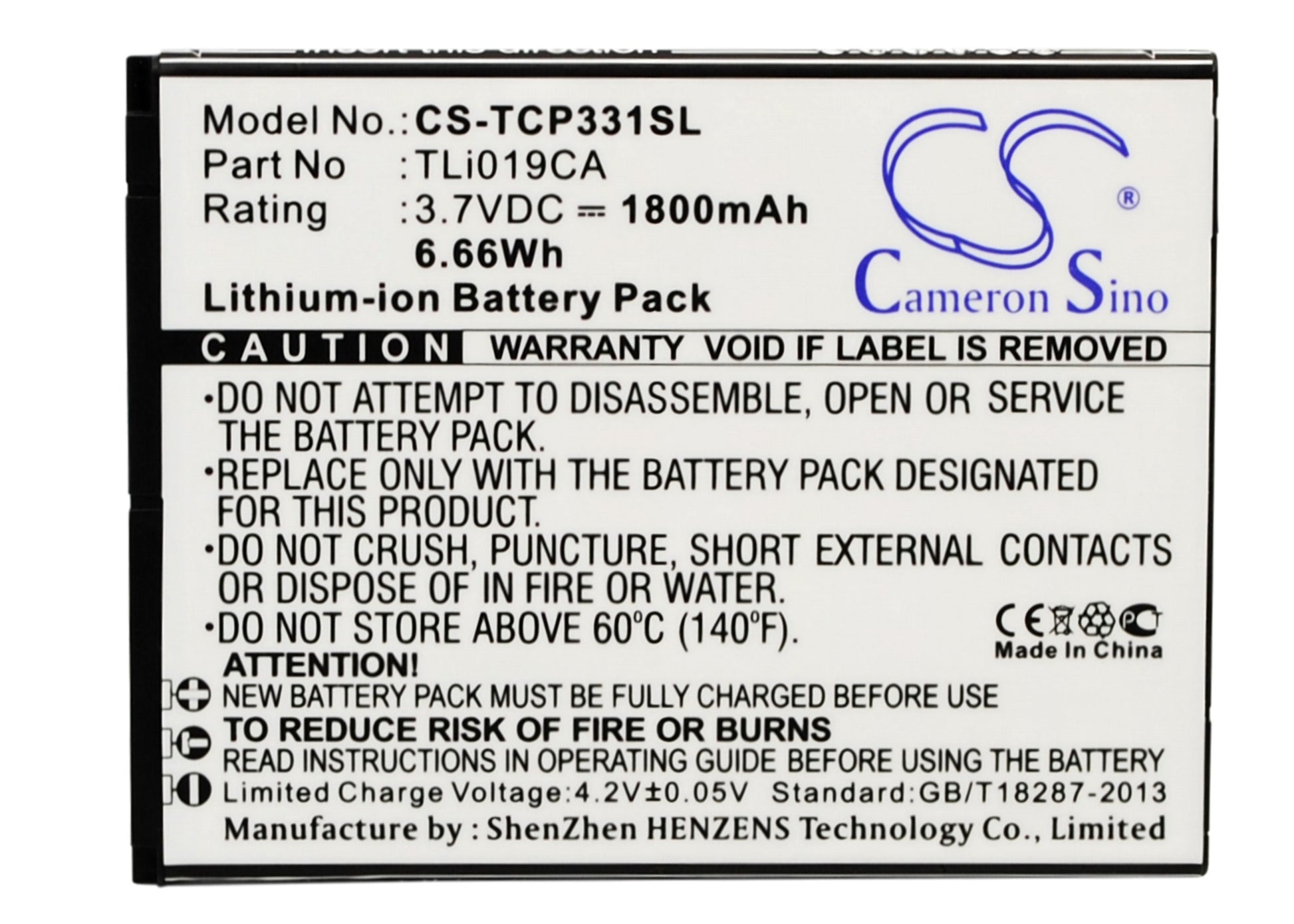 3.7V 1800mAh/6.66Wh Li-ion Mobile/SmartPhone Battery for TCL