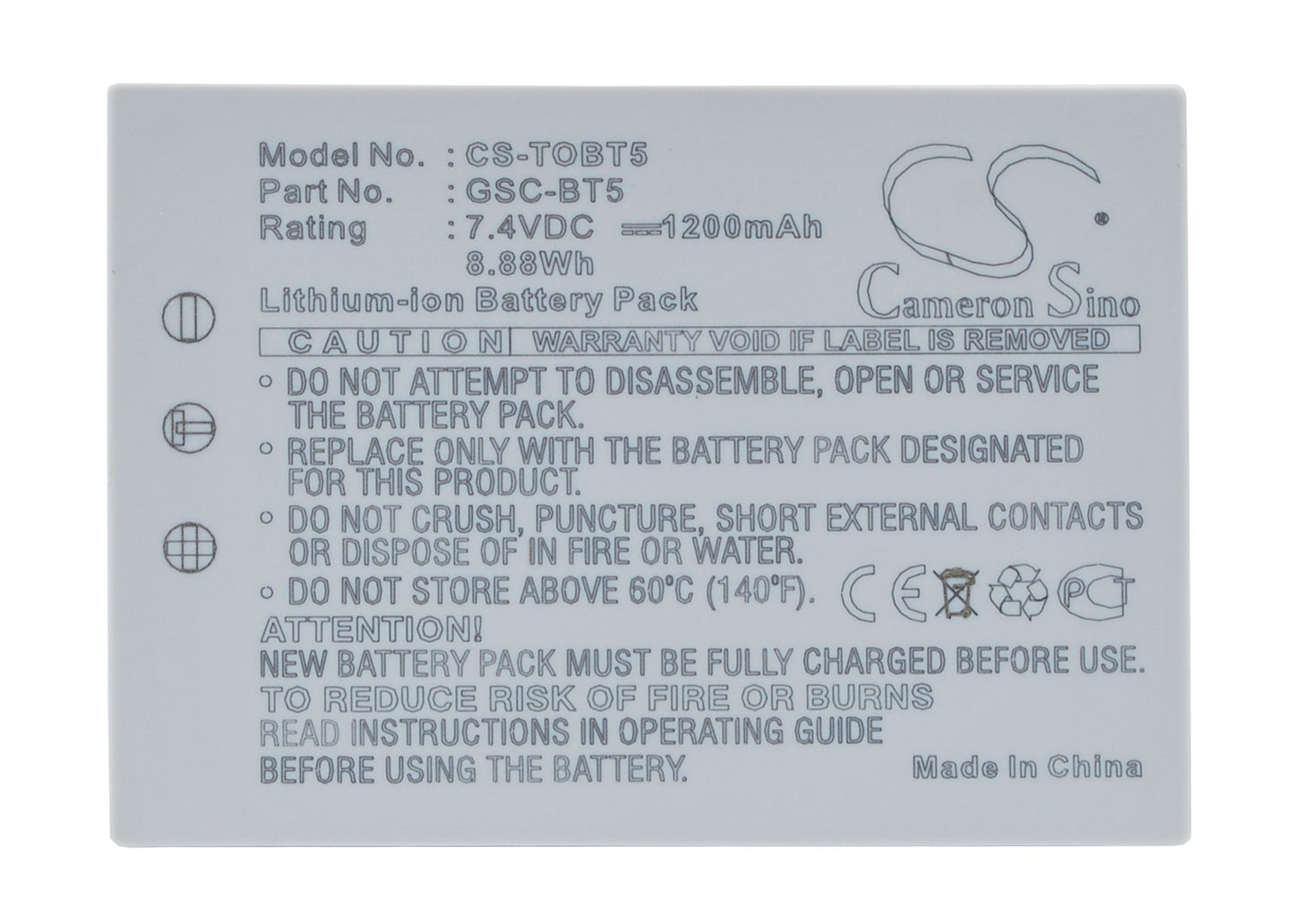 7.4V 1200mAh/8.88Wh Li-ion Camera Battery for Toshiba