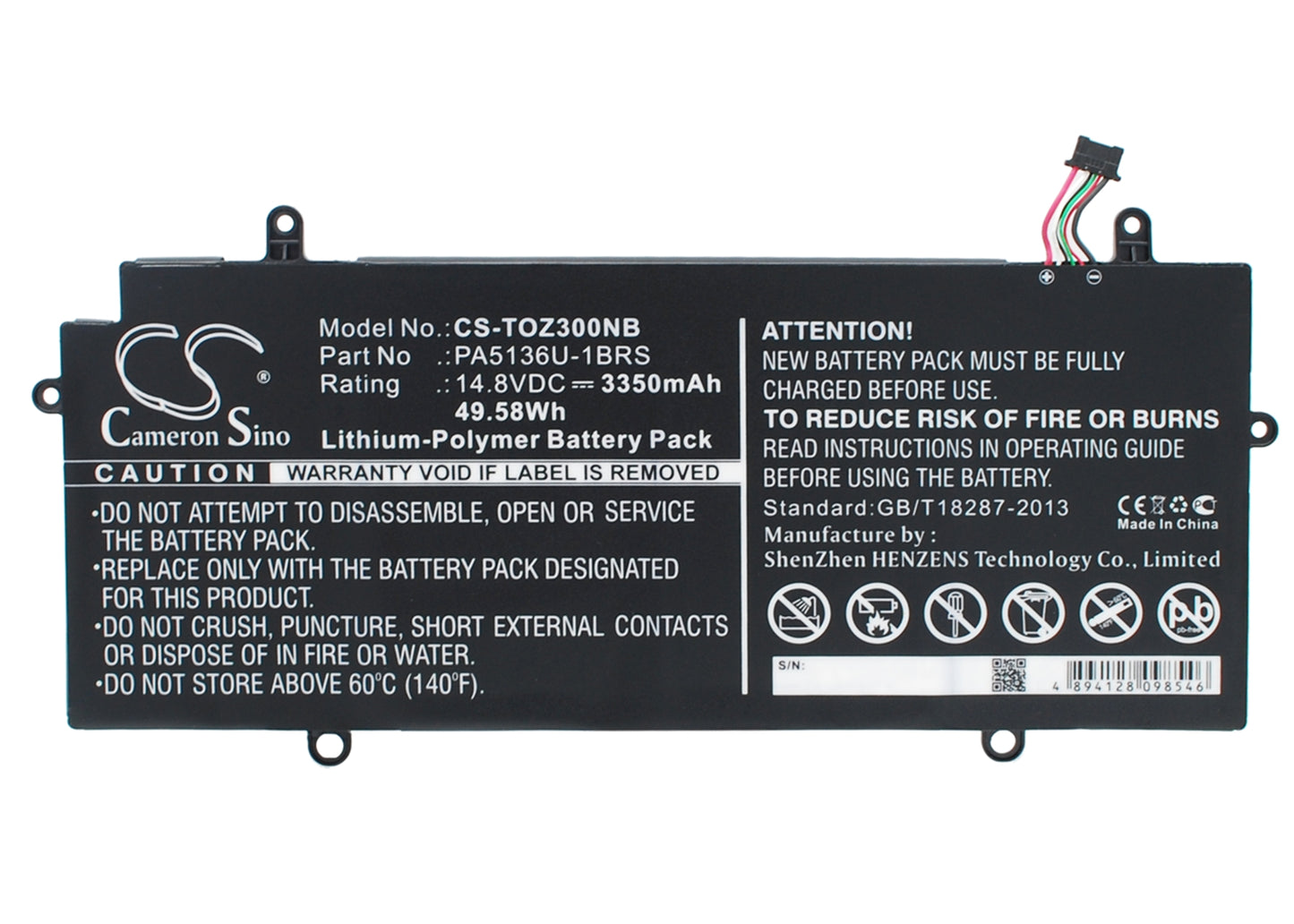 14.8V 3350mAh/49.58Wh Li-Polymer Notebook/Laptop Battery for Toshiba