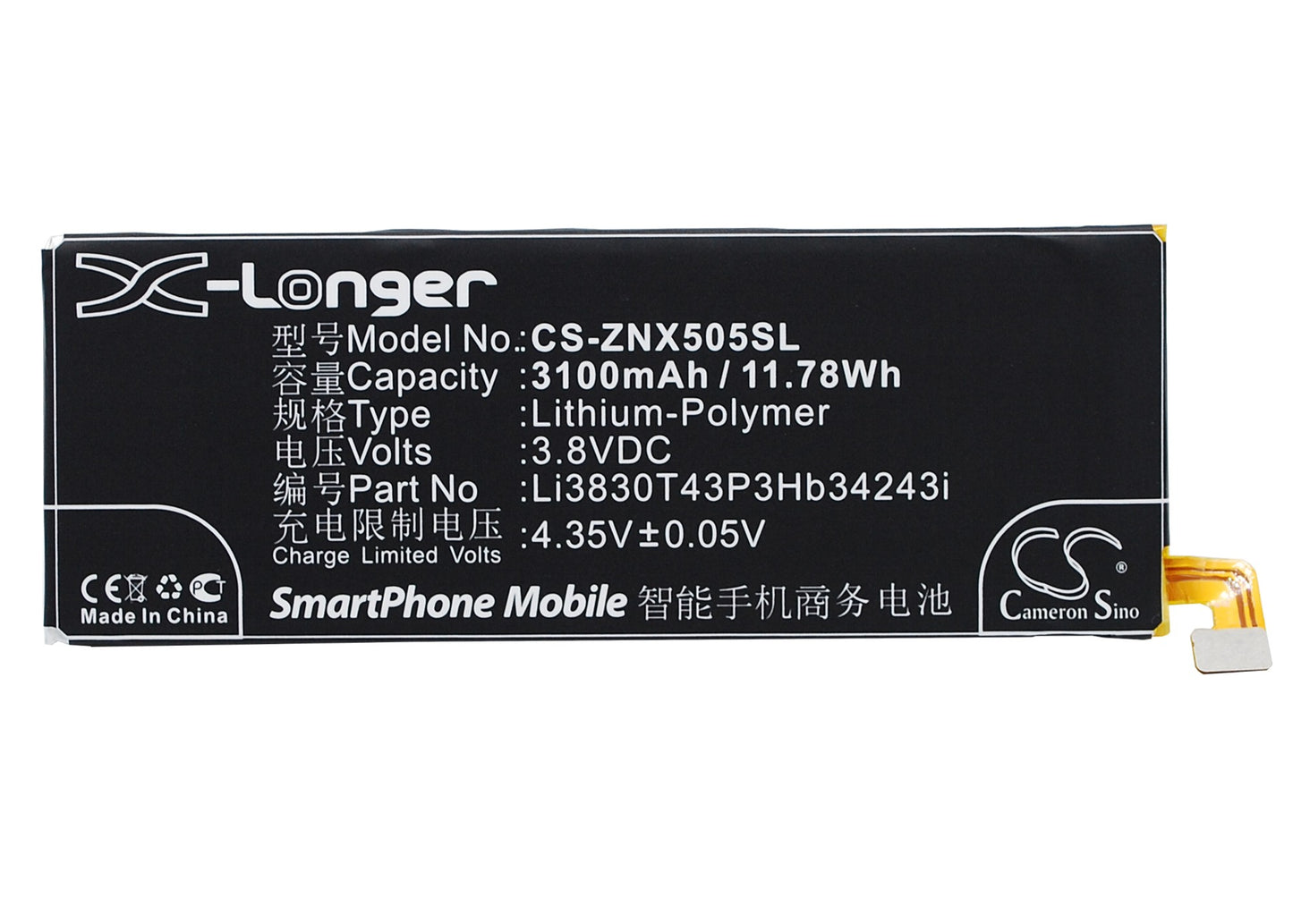 3.8V 3100mAh/11.78Wh Li-Polymer Mobile/SmartPhone Battery for ZTE
