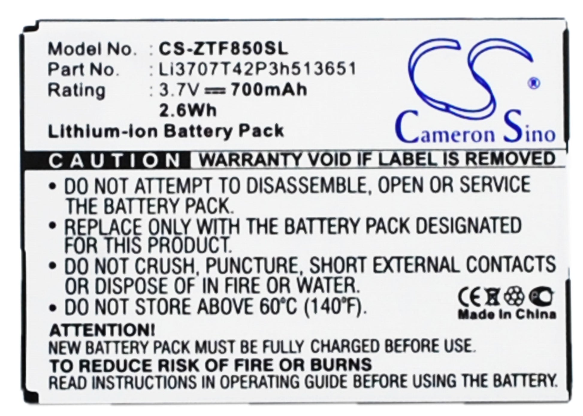 3.7V 700mAh Li-ion Mobile/SmartPhone Battery for ZTE