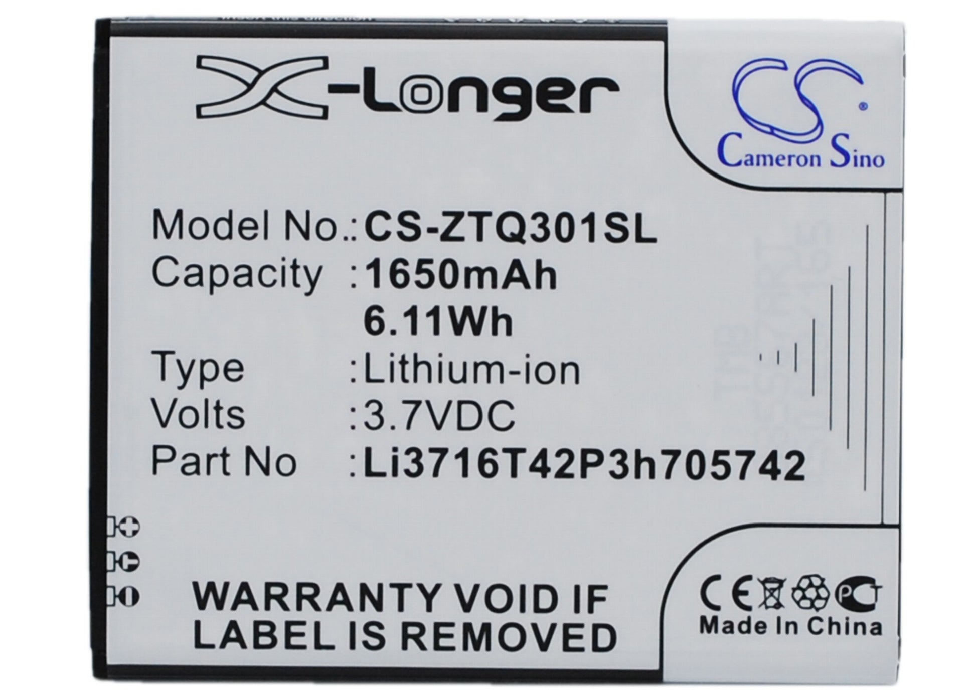 3.7V 1650mAh/6.11Wh Li-ion Mobile/SmartPhone Battery for ZTE