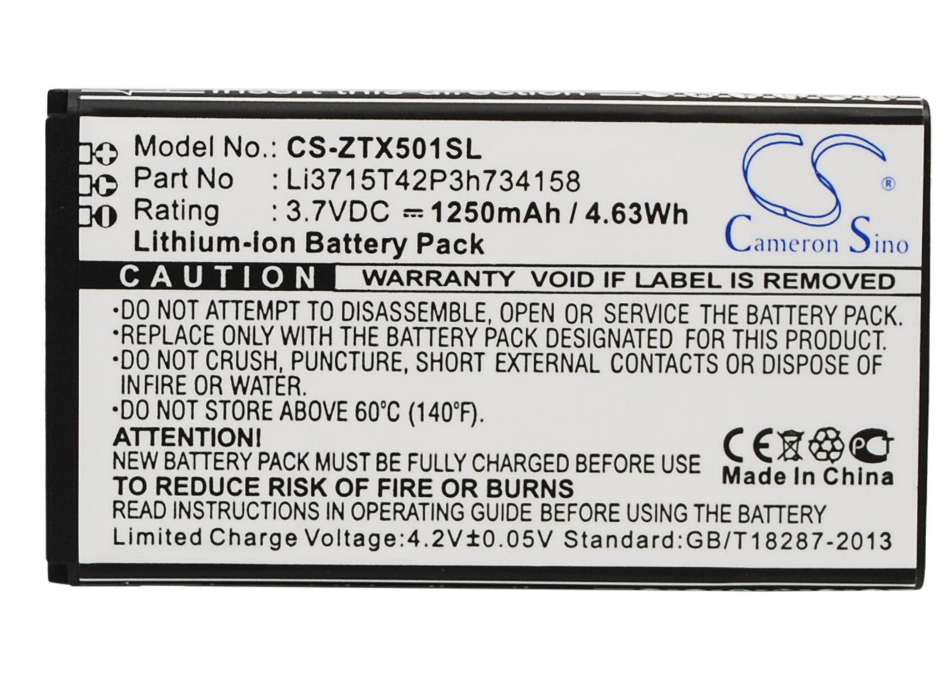 3.7V 1250mAh/4.63Wh Li-ion Mobile/SmartPhone Battery for ZTE