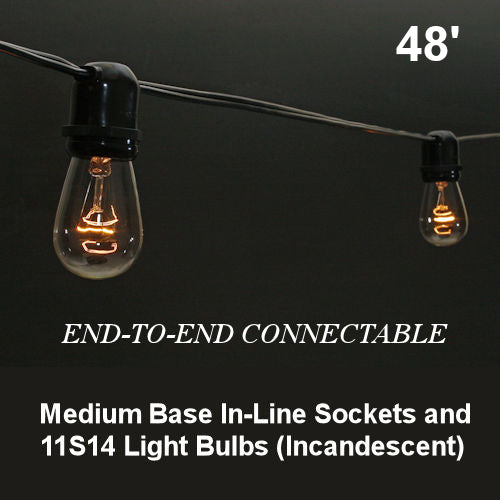 Sival Commercial-Grade Heavy-Duty Outdoor Light String, 48 ft, Medium Base (E26) - In-Line Sockets, END-to-END Connectable, Black or White (s), 8-String Pack