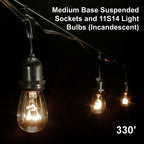 Sival commercial string light 330 ft white wire bulk spool, E26 suspended sockets, PSMS24330WH