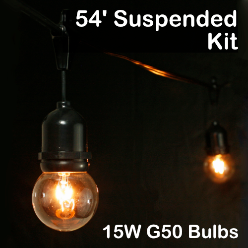 Sival 54 ft Black Commercial Grade (Medium Base - Suspended Sockets) Light String w/ Clear Party Bulbs