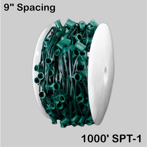 C9 (E17) Spool, 1000ft 9" spacing, green, 18AWG, SPT-1, no p