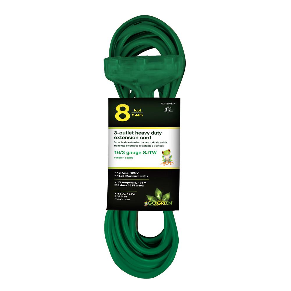 Sival 8' 3 Outlet Outdoor Extension Cord, Green Wire Cord(s), 1-Pack