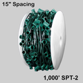 Sival C9 commercial Christmas light spool 1000 ft green wire, 800 E17 sockets