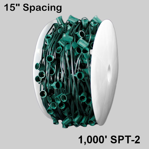 C9 (E17) Spool, 1000ft, 15" spacing, green, 18AWG, SPT-2, no