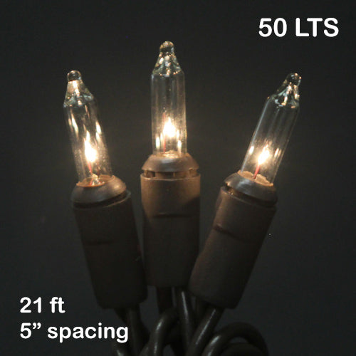 Sival Minilights with 50 Lights, 5" spacing - Brown Wire with Clear Bulbs(s), 1-String Pack