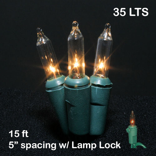 Sival Minilights with 35 Lights & Lamp Locks, 5" spacing - Green Wire with Clear Bulbs (s), 1-String Pack