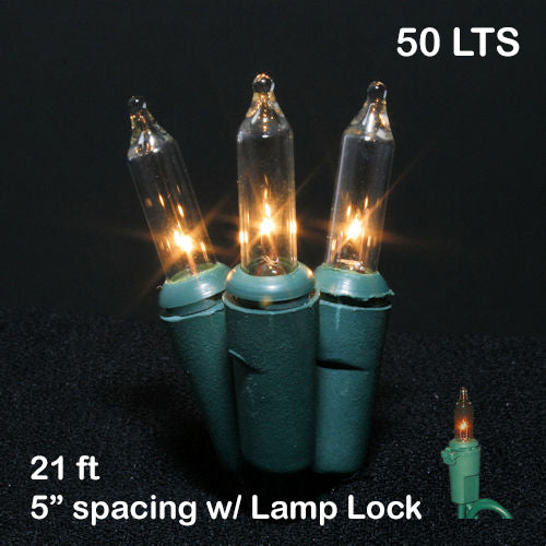 Sival Minilights with 50 Lights & Lamp Locks, 5" spacing - Green Wire with Clear Bulbs (s), 1-String Pack