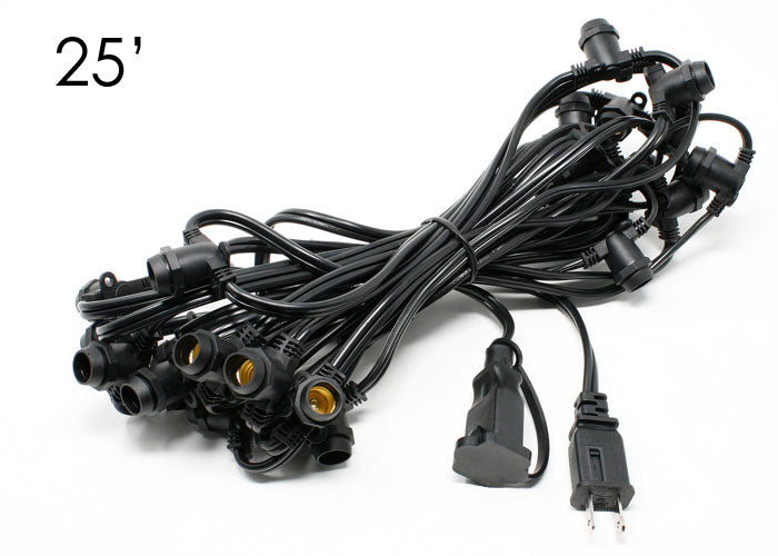 Sival Commercial-Grade Heavy-Duty Light String, 25 ft, Candelabra Base (E12) - In-Line Sockets, Black or White, End-to-E