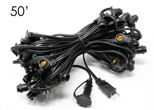 Sival Commercial-Grade Heavy-Duty Light String, 50 ft, Candelabra Base (E12) - In-Line Sockets, Black or White, End-to-E