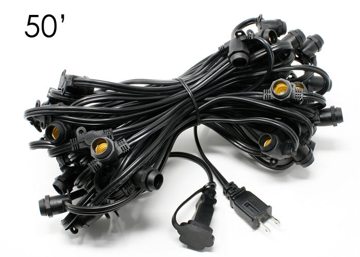 Sival Commercial-Grade Heavy-Duty Light String, 50 ft, Candelabra Base (E12) - In-Line Sockets, Black or White, End-to-E