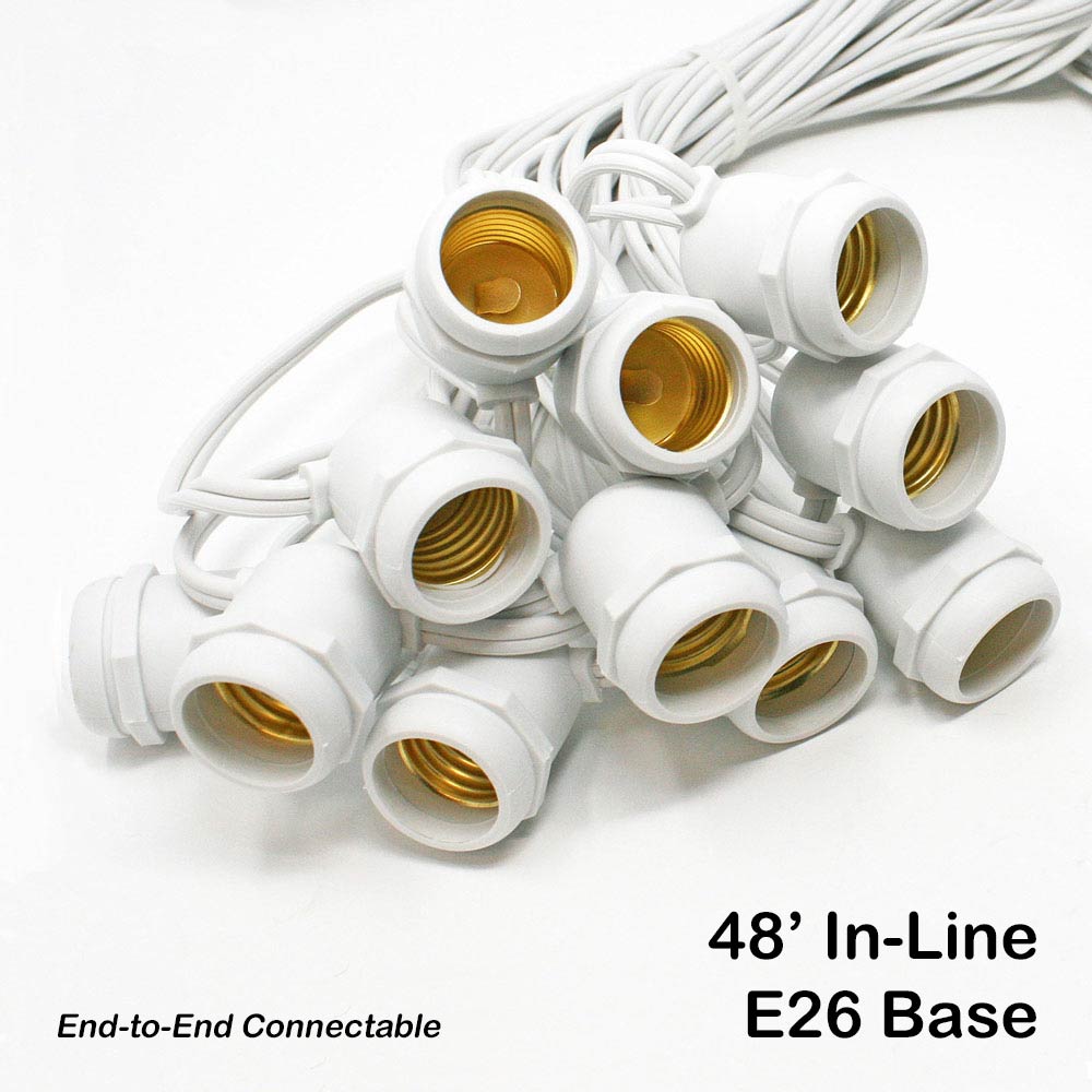 Sival Commercial-Grade Heavy-Duty Outdoor Light String, 48 ft, Medium Base (E26) - In-Line Sockets, END-to-END Connectable, Black or White (s), 8-String Pack
