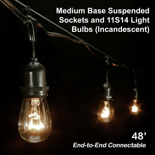 Sival Commercial-Grade Heavy-Duty Outdoor Light String, 48 ft, Medium Base (E26) - 24 Suspended Sockets, END-to-END Connectable, Black or White (s), 1-String Pack