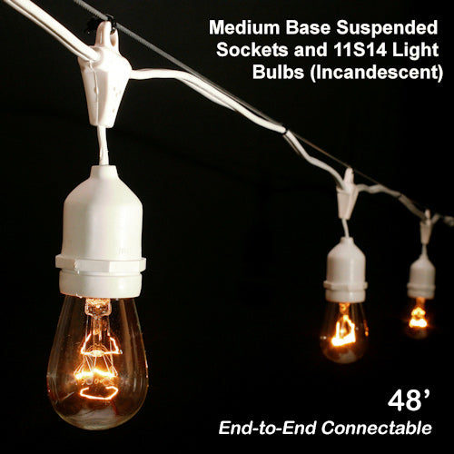 Sival Commercial-Grade Heavy-Duty Outdoor Light String, 48 ft, Medium Base (E26) - 24 Suspended Sockets, END-to-END Connectable, Black or White (s), 8-String Pack