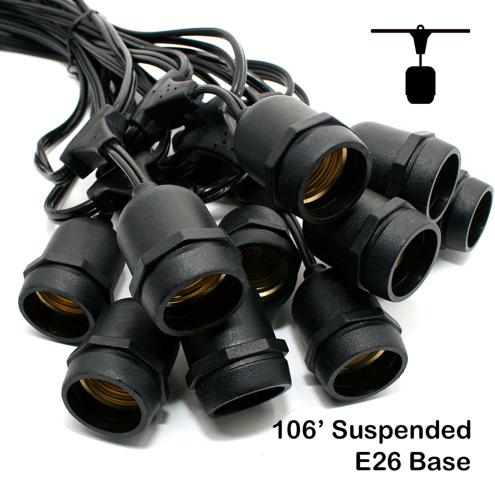 Sival Commercial-Grade Heavy-Duty Outdoor Light String, 106 ft, Medium Base (E26) - 50 Suspended Sockets, Black or White