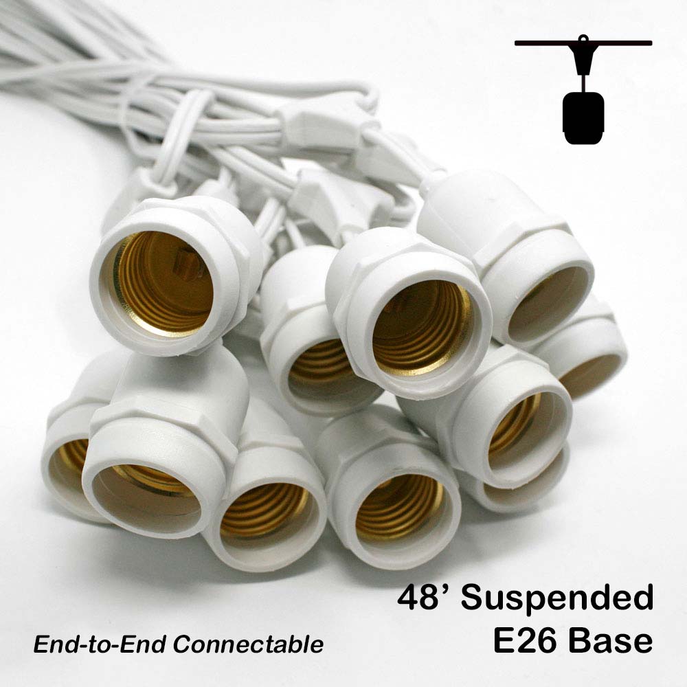 Sival Commercial-Grade Heavy-Duty Outdoor Light String, 48 ft, Medium Base (E26) - 24 Suspended Sockets, END-to-END Connectable, Black or White (s), 8-String Pack