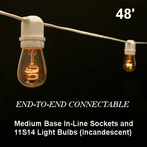 Sival Commercial-Grade Heavy-Duty Outdoor Light String, 48 ft, Medium Base (E26) - In-Line Sockets, END-to-END Connectable, Black or White (s), 1-String Pack